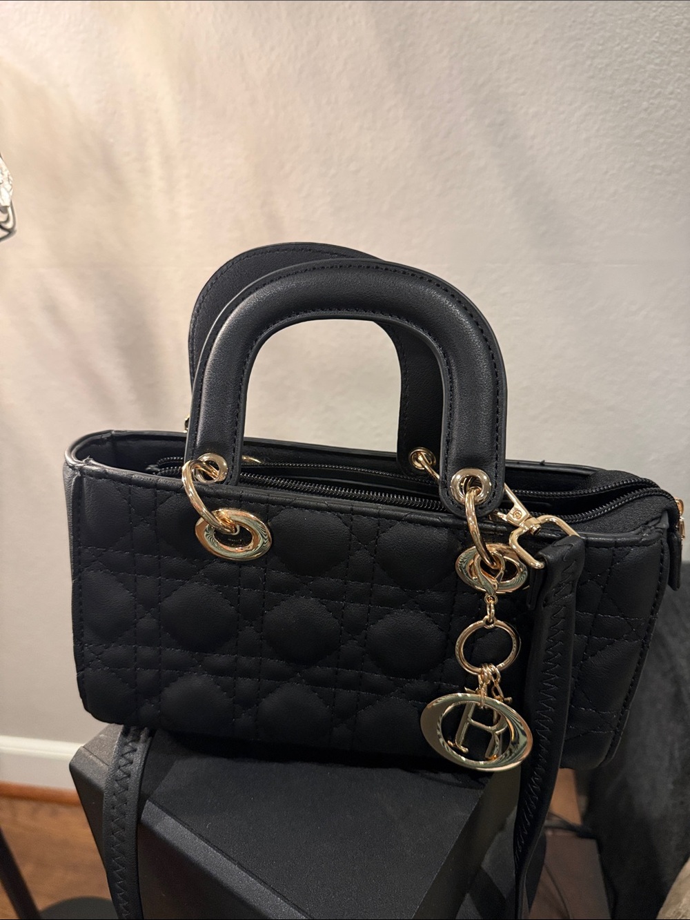Source Unknown Black Quilted Crossbody with Gold Hardware